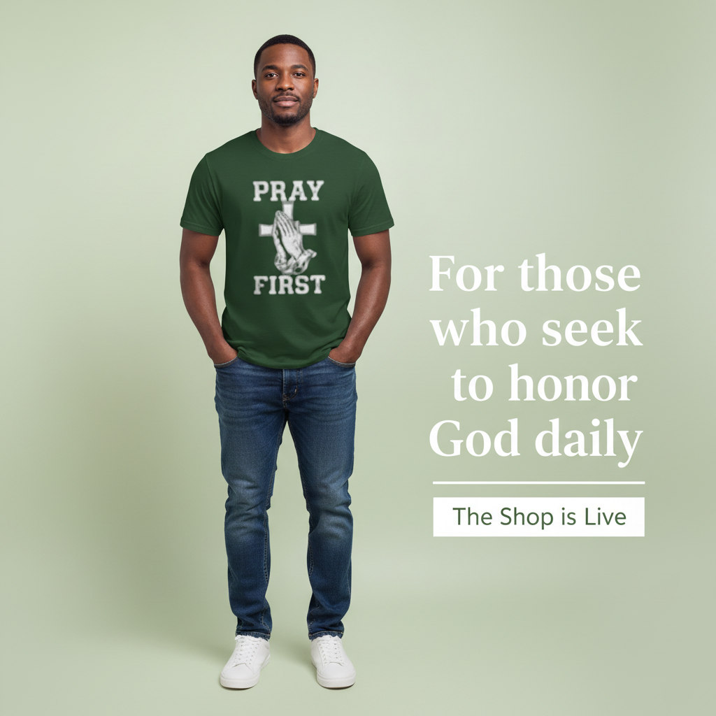 Full body hero banner with PRAY FIRST t-shirt