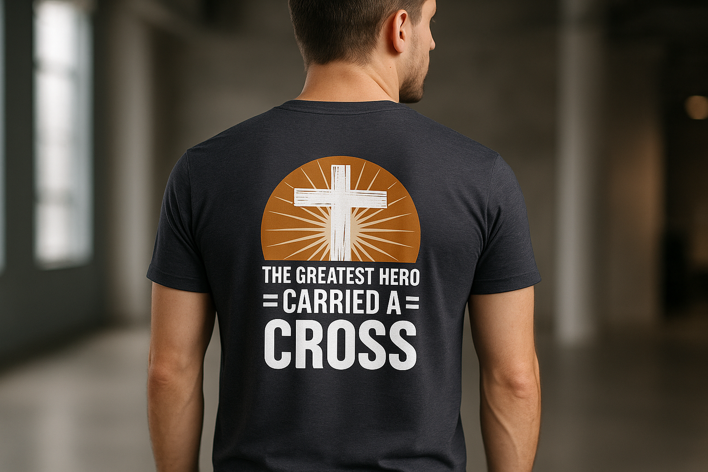 Model wearing shirt back with cross design