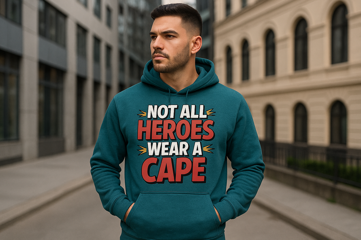 Professional male model wearing a teal hoodie with "Not All Heroes Wear A Cape" text design in white and coral colors with yellow accent elements on the front, urban outdoor setting, confident pose, natural lighting, high-quality fashion photography, contemporary Christian streetwear style