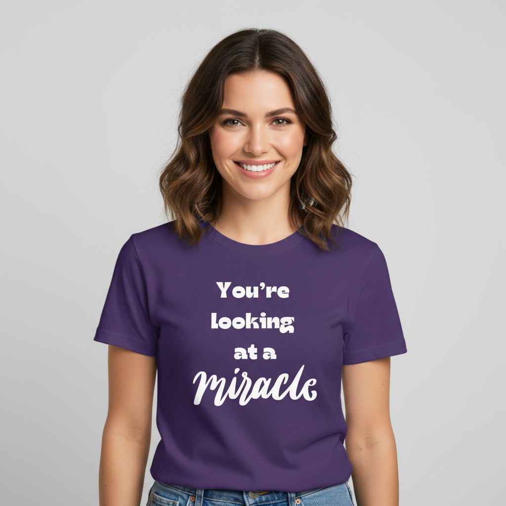 Woman wearing purple miracle t-shirt mockup
