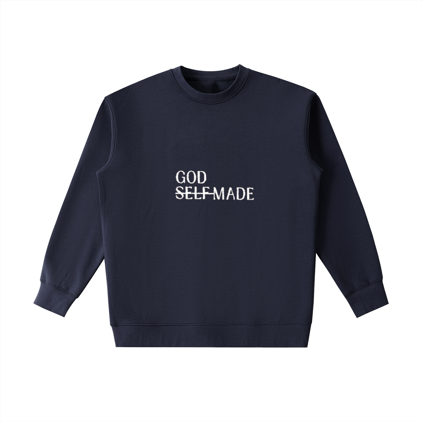 God-Made Heavyweight Crewneck by Kingdom Mind Apparel, front view showing black cotton sweatshirt with logo print