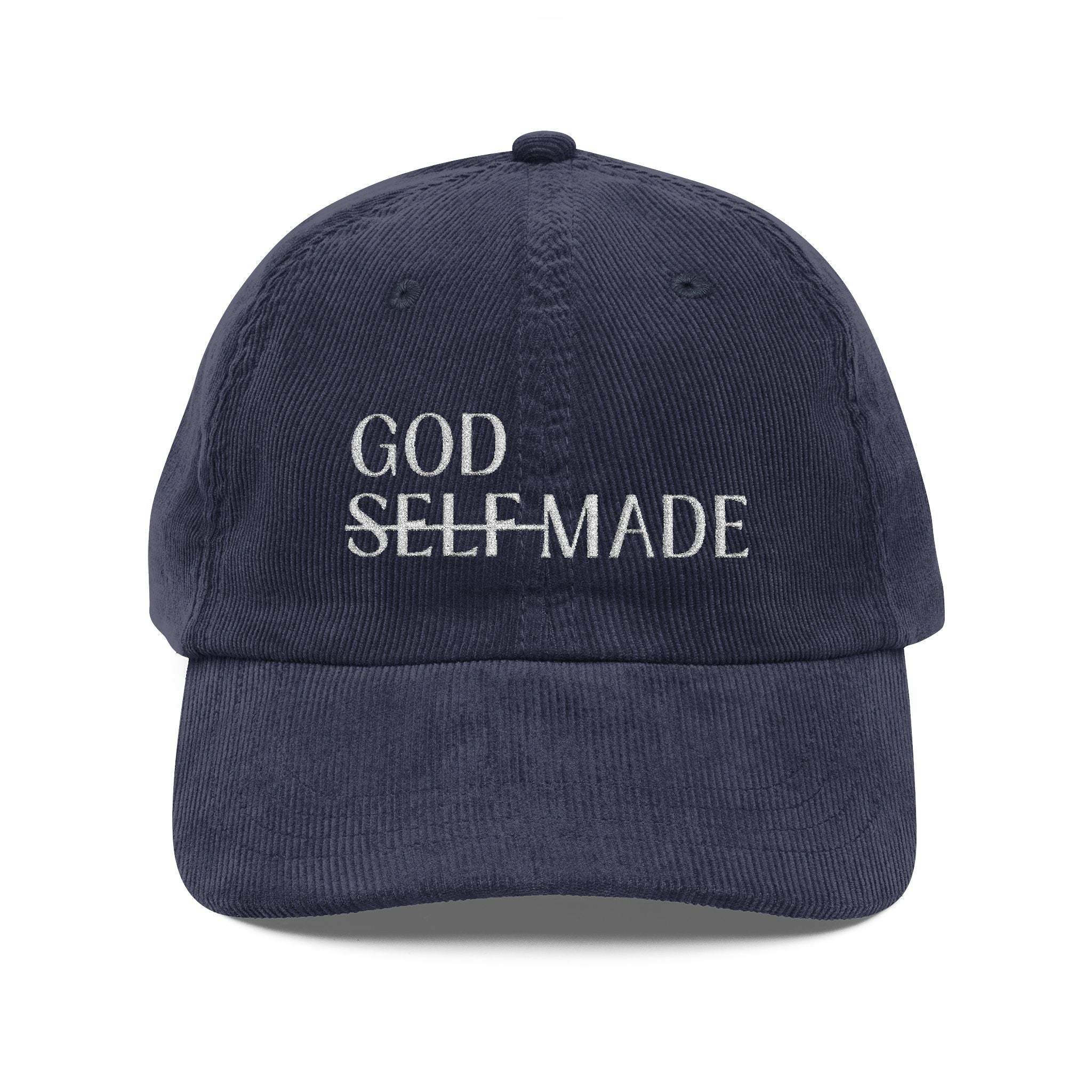 God-Made Embroidered Corduroy Cap — "Self" Crossed Out