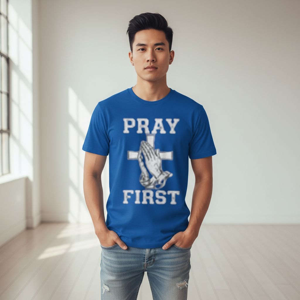 Asian male model in blue Pray First shirt - clear design