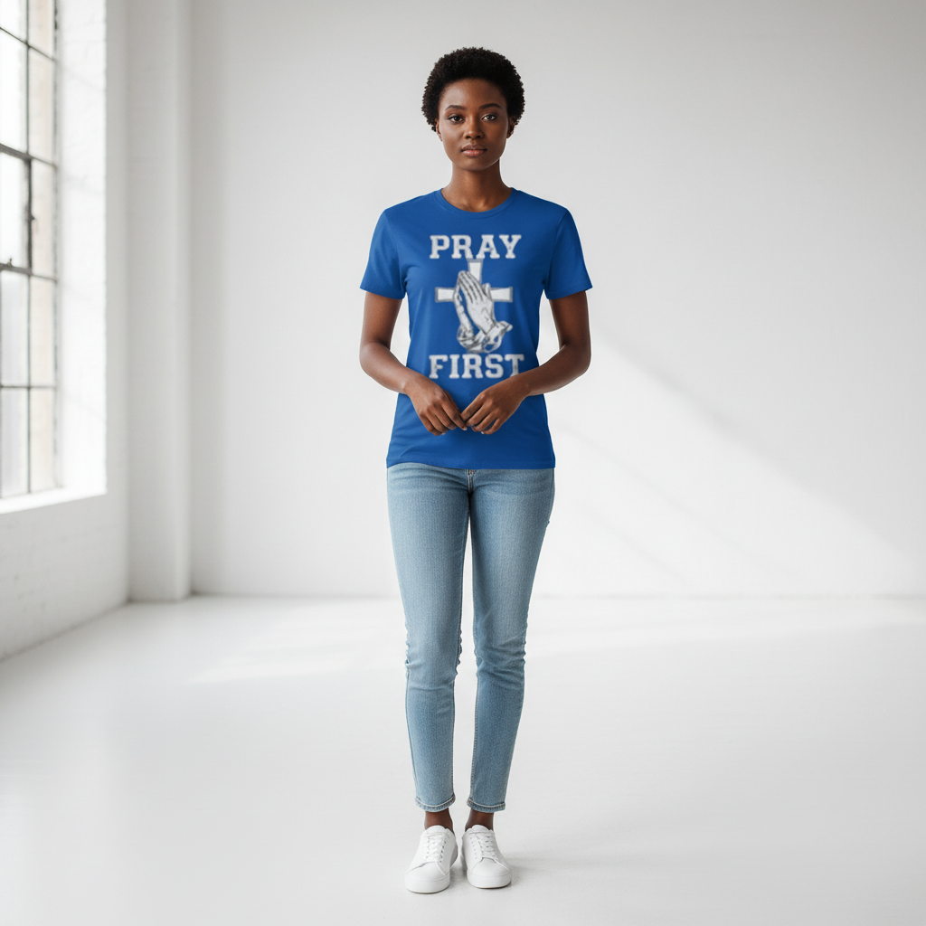Black female model in blue Pray First shirt - clear design