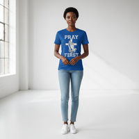 Black female model in blue Pray First shirt - clear design