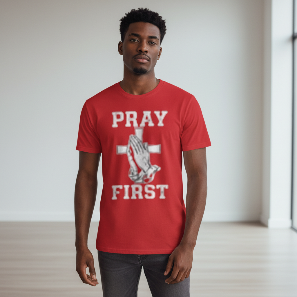 Black male model in red Pray First shirt - no crown