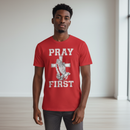 Black male model in red Pray First shirt - no crown