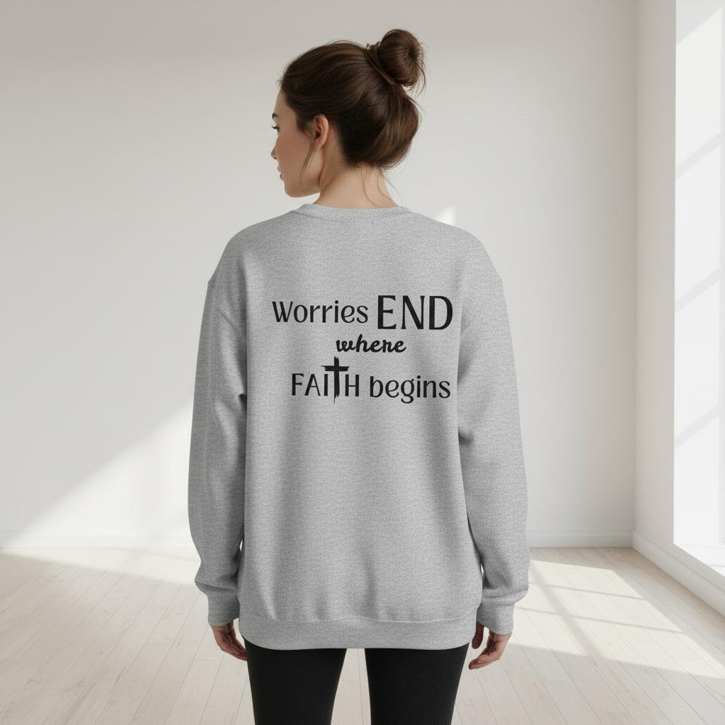 Female model - back view with Worries END where FAITH begins