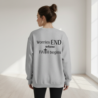 Female model - back view with Worries END where FAITH begins