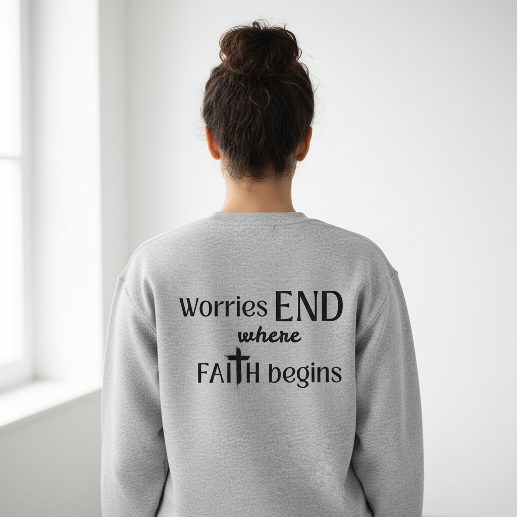 Female model - back view with Worries END where FAITH begins