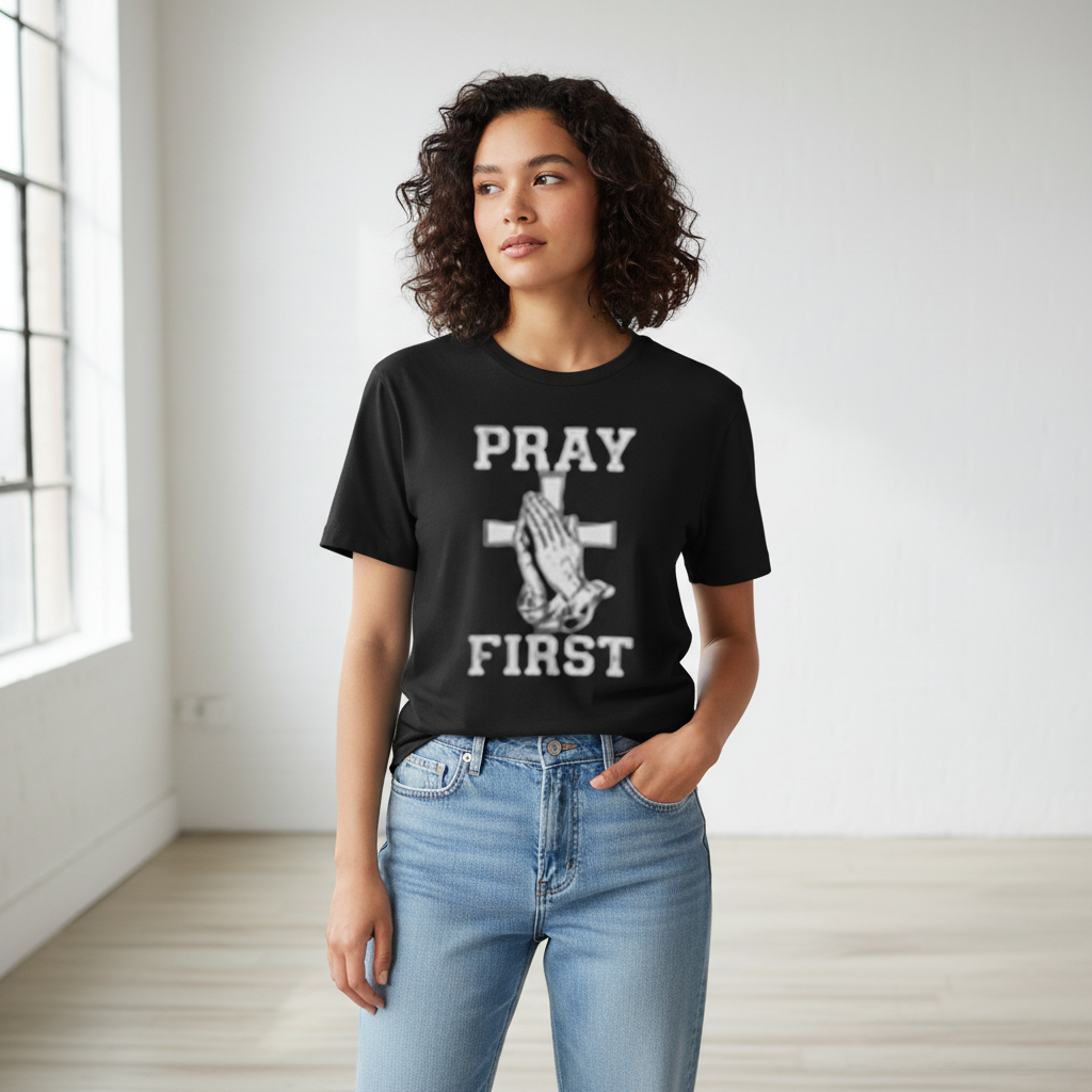 Female model in black Pray First shirt
