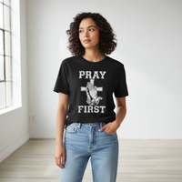 Female model in black Pray First shirt
