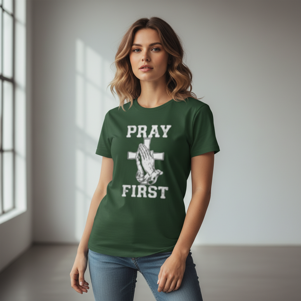 Female model in forest green Pray First shirt