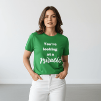 Female model in green miracle shirt - no crown