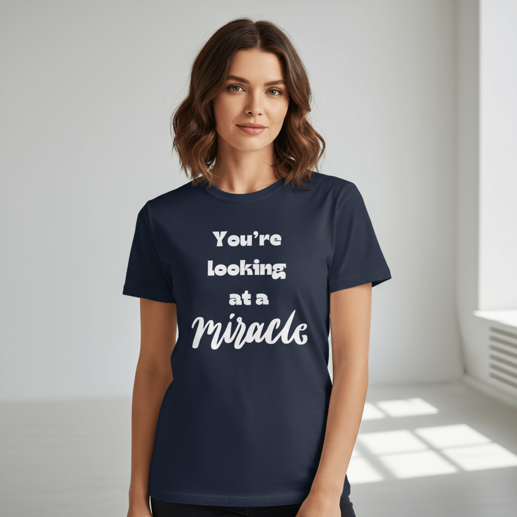 Female model in navy miracle shirt - no crown