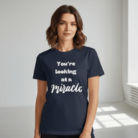 Female model in navy miracle shirt - no crown