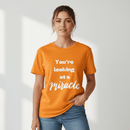 Female model in orange miracle shirt - no crown