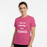 Female model in pink miracle shirt - no crown