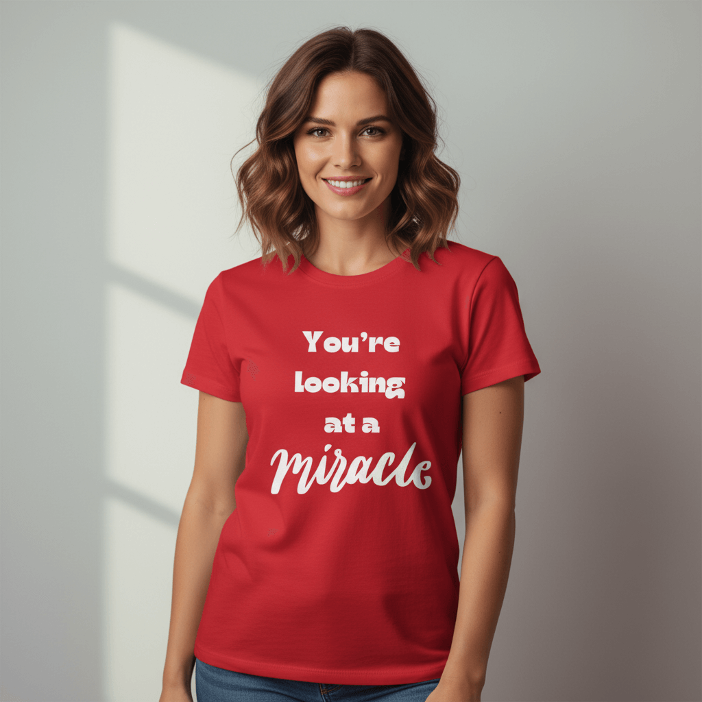 Female model in red miracle shirt