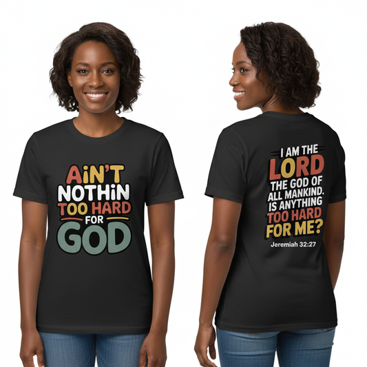Female model wearing Kingdom Mind Apparel shirt - front and back view