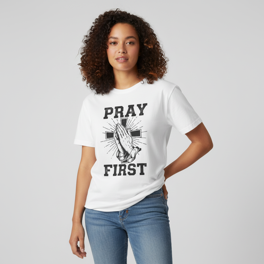 Female model wearing Pray First White Tee