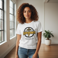 Female wearing Faith Is My Superpower shirt