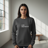 Female wearing GOD SELF-MADE charcoal crewneck