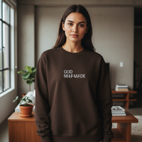 Female wearing GOD SELF-MADE crewneck
