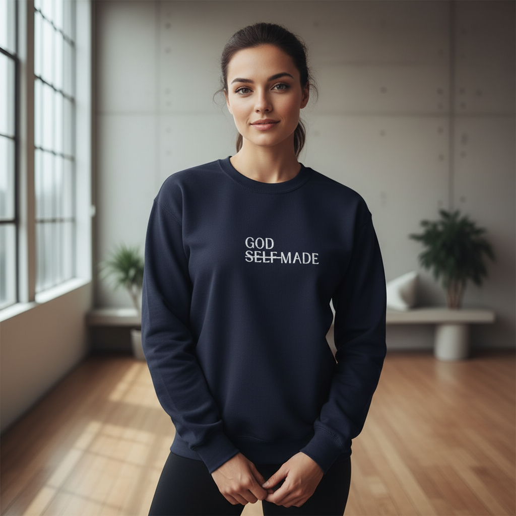 Female wearing GOD SELF-MADE navy crewneck
