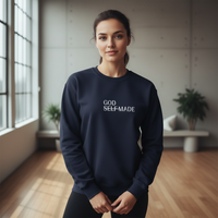Female wearing GOD SELF-MADE navy crewneck