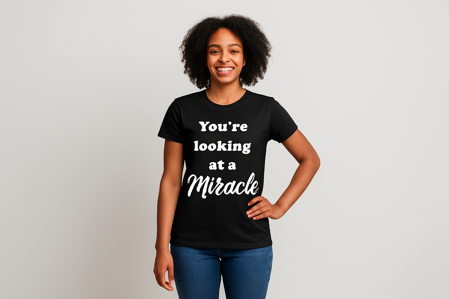 Full body female model wearing black miracle shirt