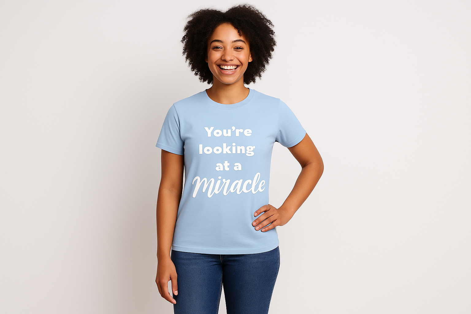 Full body female model wearing light blue miracle shirt