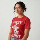 Latina female model in red Pray First shirt - clear design