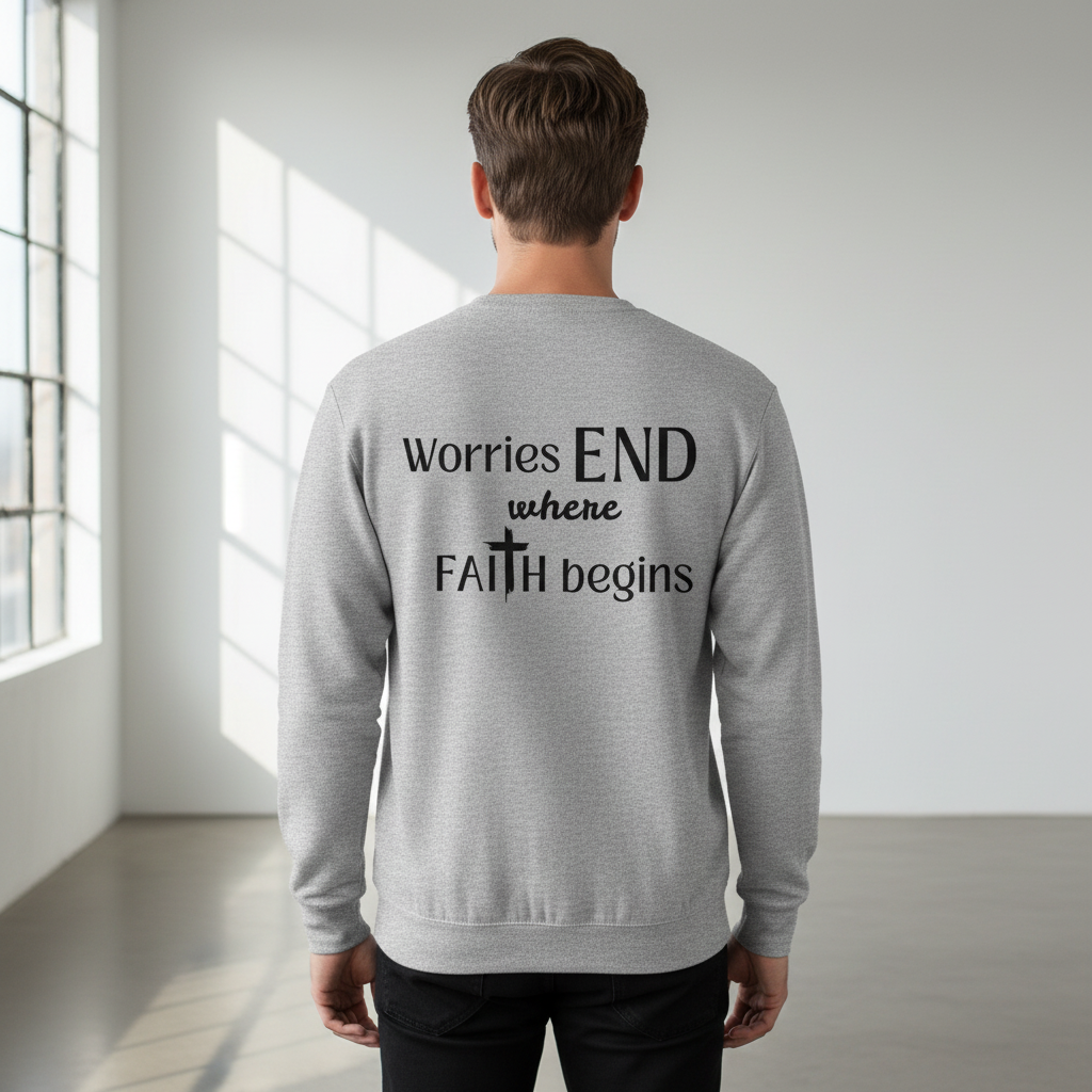 Male model - back view with Worries END where FAITH begins