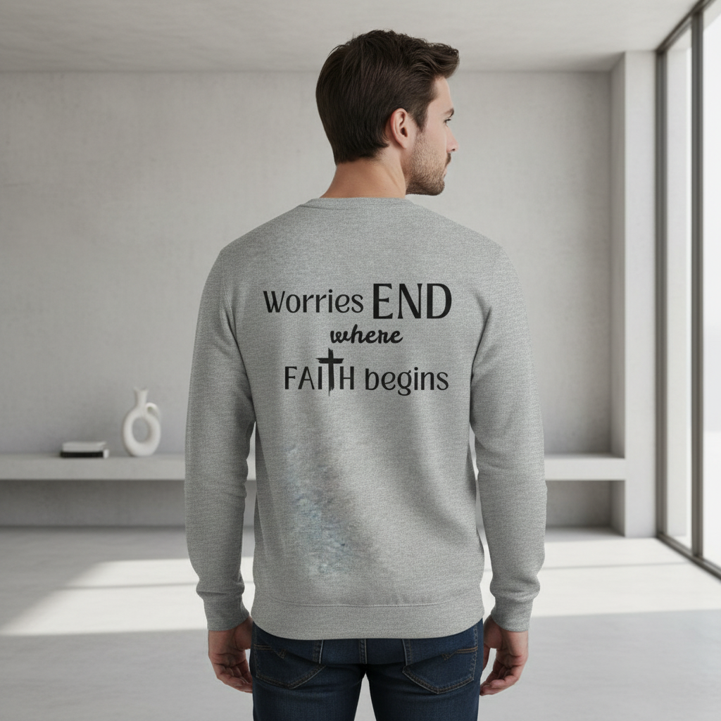 Male model - back view with Worries END where FAITH begins