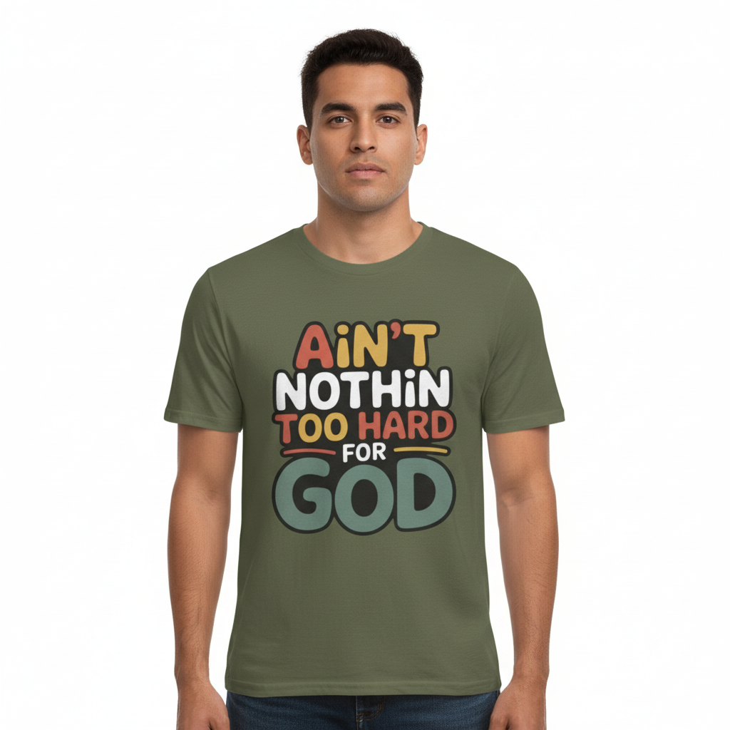Male model facing forward wearing olive green Ain't Nothin' Too Hard for God T-Shirt