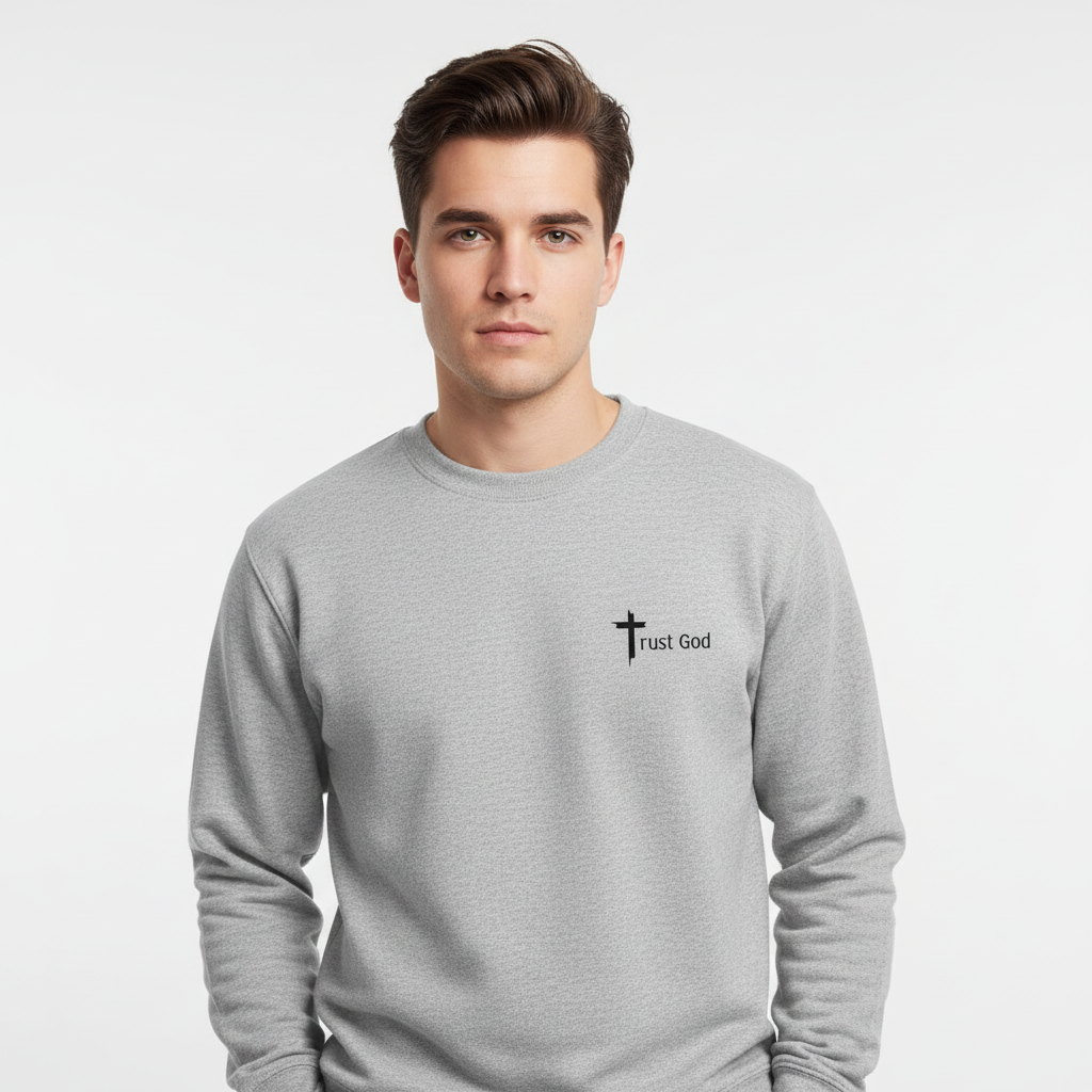 Male model - front view with Trust God design
