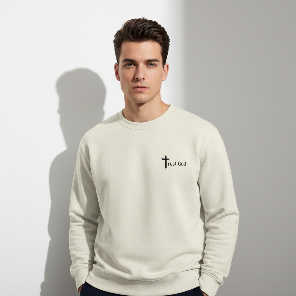 Male model - front view with Trust God design