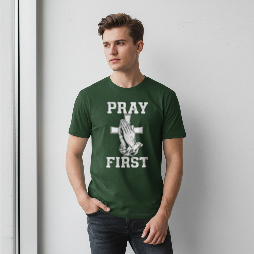 Male model in forest green Pray First shirt
