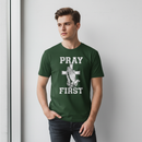 Male model in forest green Pray First shirt