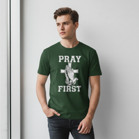 Male model in forest green Pray First shirt