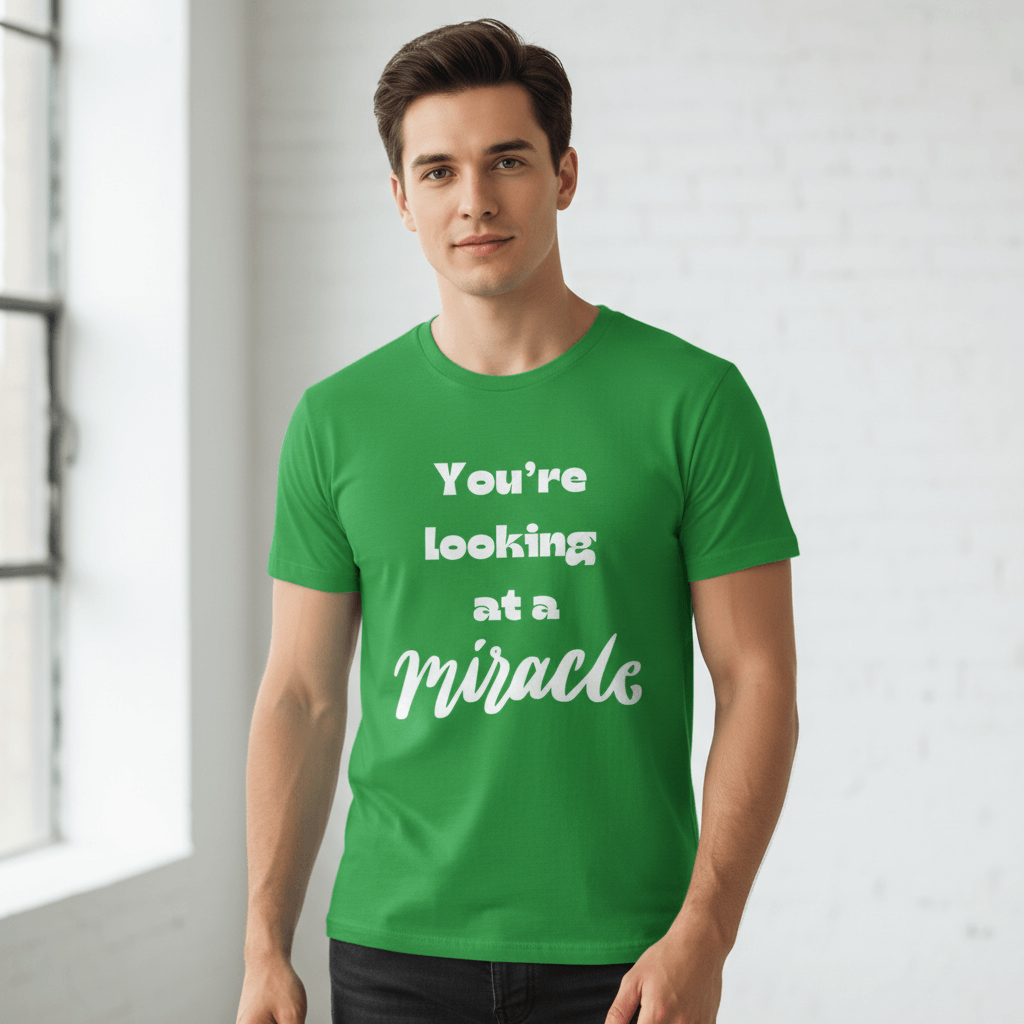 Male model in green miracle shirt - no crown