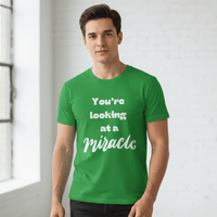 Male model in green miracle shirt - no crown