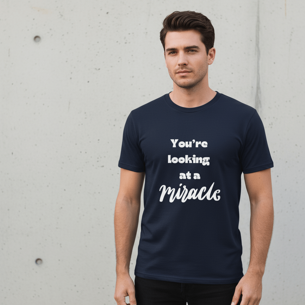 Male model in navy miracle shirt - no crown
