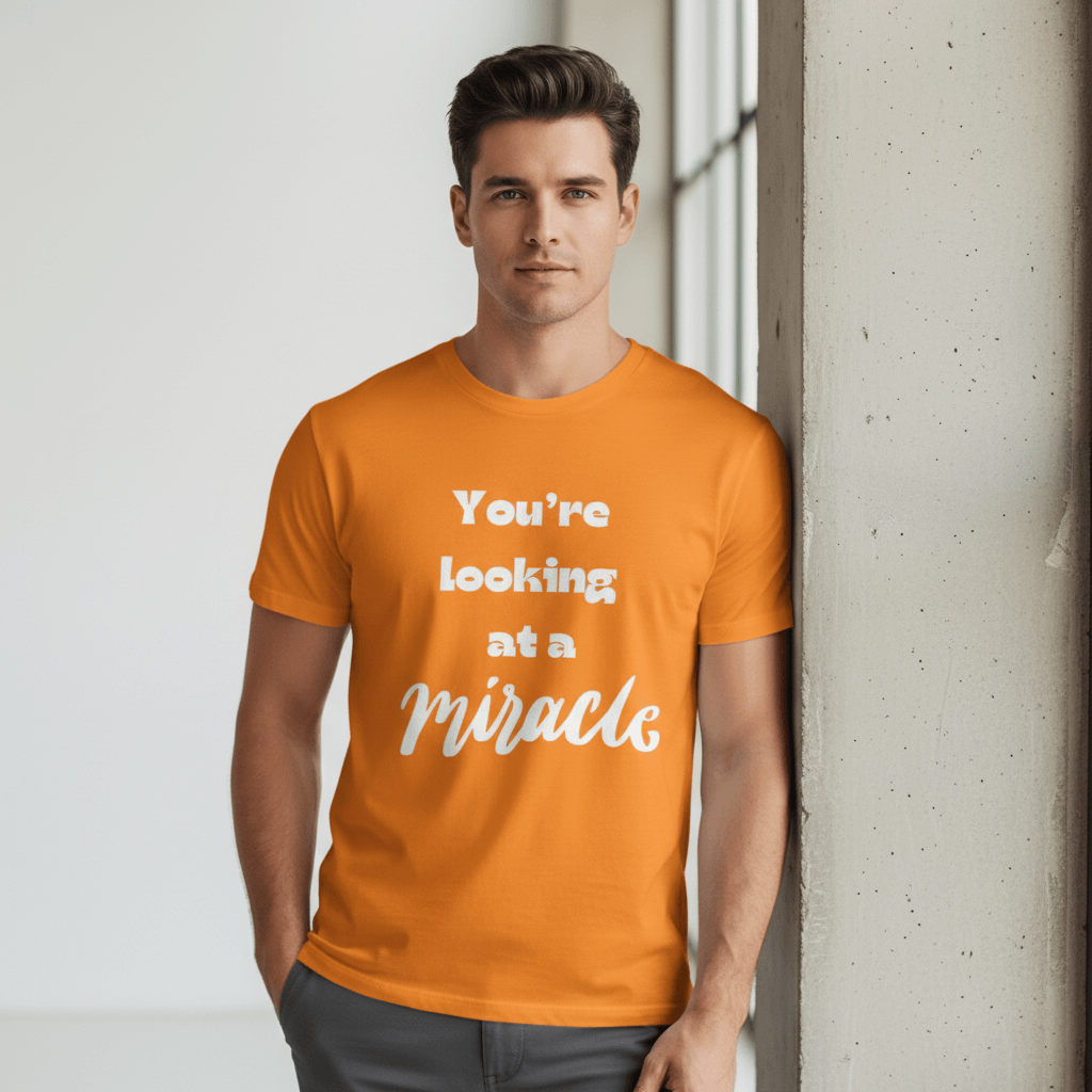 Male model in orange miracle shirt - no crown