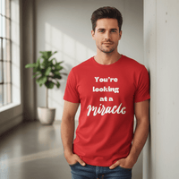 Male model in red miracle shirt