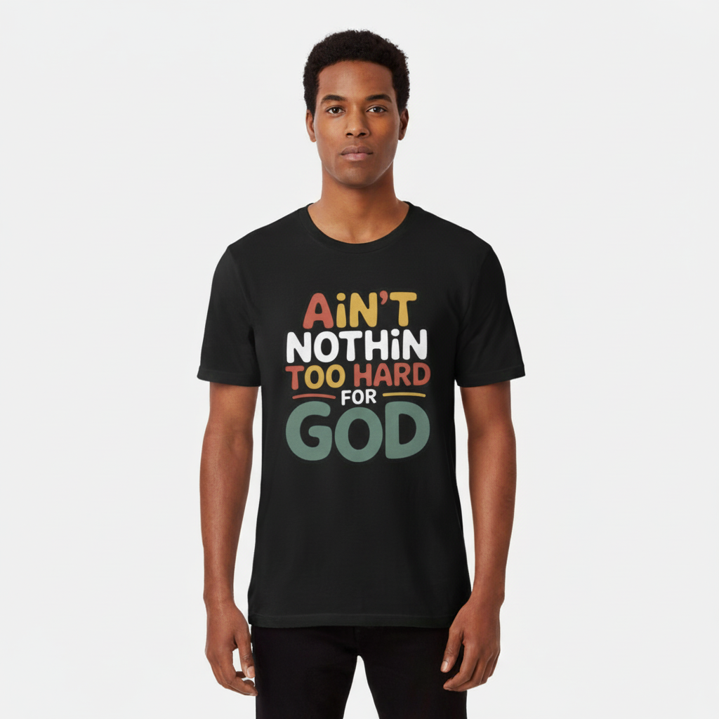 Male model wearing black Ain't Nothin' Too Hard for God T-Shirt