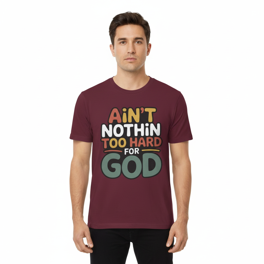 Male model wearing maroon Ain't Nothin' Too Hard for God T-Shirt