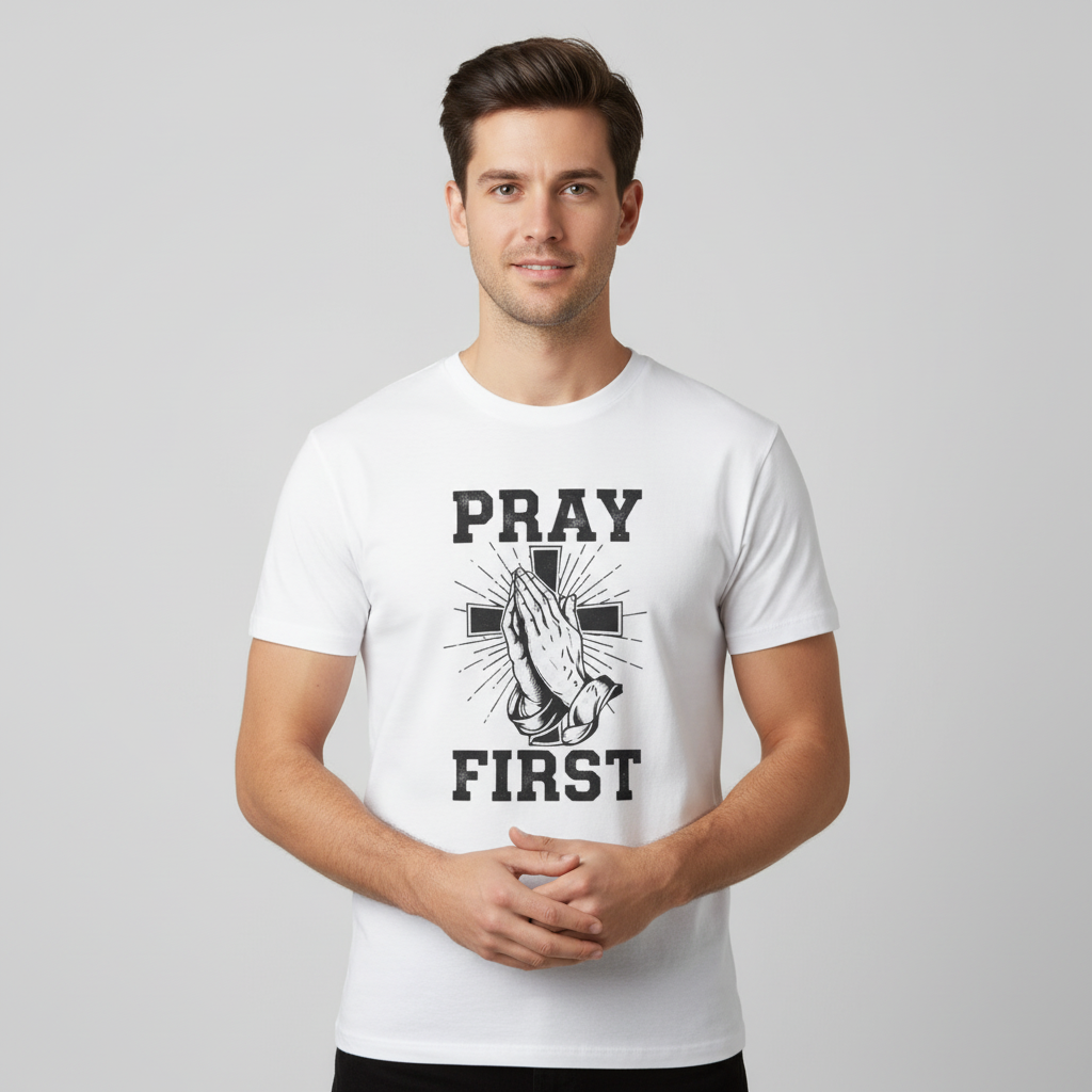 Male model wearing Pray First White Tee