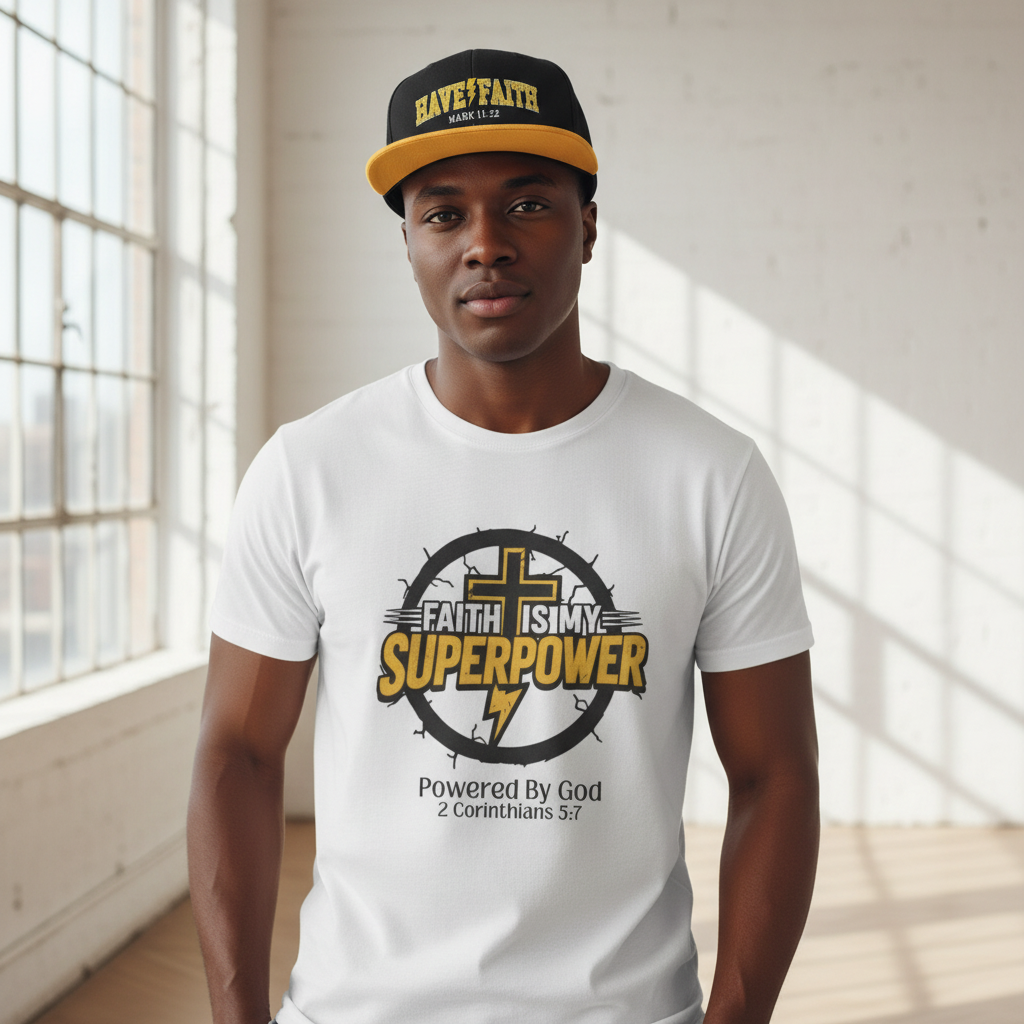 Male wearing Faith Is My Superpower shirt and HAVE FAITH hat
